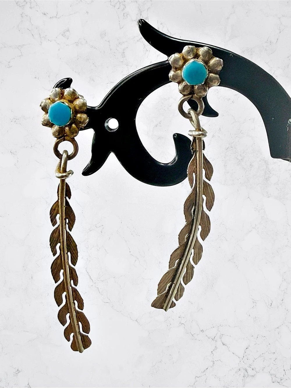 Sterling Silver 925 Turquoise Color Stone Feather Dangle Earrings Floral Beaded